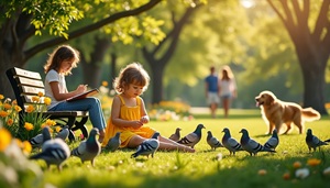 image of people at a park with a dog and many pigeons on the ground